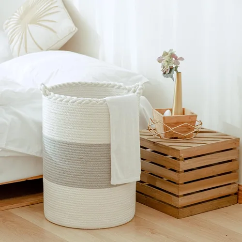 Vista 9 de Canasta de lavandería tejida de 58L, canasta alta de lavandería de algodón para mantas, ropa, almohadas, juguetes, zapatos, gran cesta de lavandería