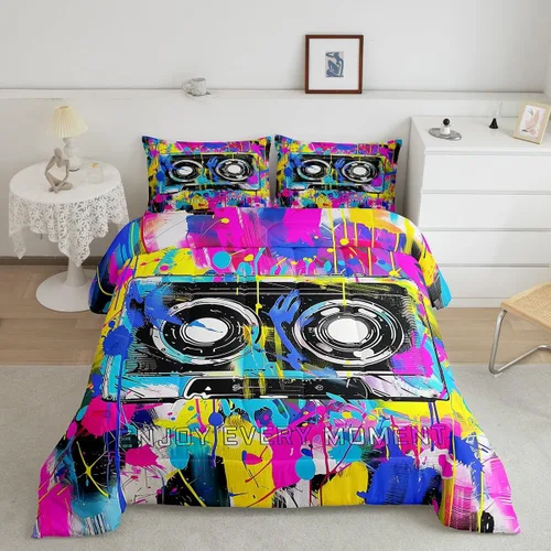 Retro Music Comforter Set Twin Size,Colorful Graffiti Tie-dye Down Comforter 2pcs for Kids Girls Boys Women Room Decor,70s Pop Music Bedding Set