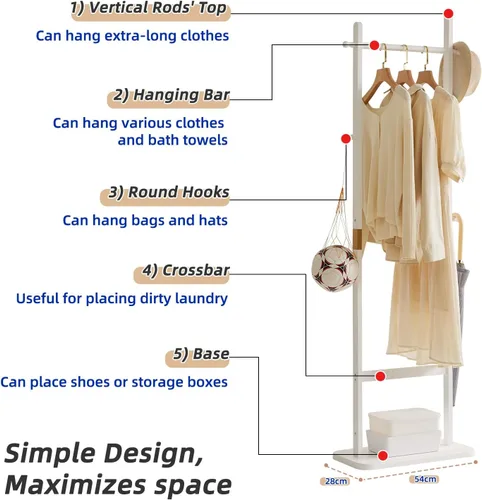 Vista 4 de Perchero para colgar ropa, perchero blanco independiente resistente, pequeño estante colgante de árbol de pasillo, perchero muy resistente