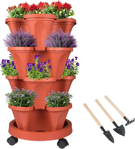 Vista 9 de GameXcel Torre de maceta vertical, macetas apilables de 3 niveles con ruedas y herramientas de jardín, macetas para plantas de fresa, hierbas Negro