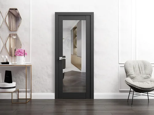 Vista 2 de SARTODOORS Lucia 1299 negro mate con espejo de 18 x 80 pulgadas de interior sólido, mango de marco de panel regular individual, puertas resistentes