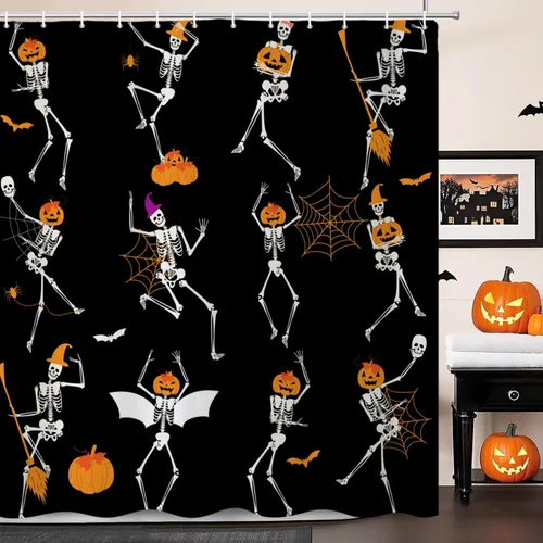 Divertida cortina de ducha de Halloween, gótica, espeluznante, calavera, esqueleto, bailando con calabazas, murciélagos, arañas, cortinas de baño,