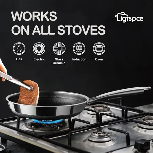 Vista 5 de Sartén híbrida de 11 pulgadas antiadherente con tapa, utensilios de cocina sin PFOA, sartenes grandes de acero inoxidable antiadherentes, aptas