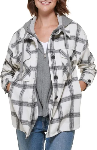 Vista 5 de Calvin Klein Chaqueta tipo camisa a cuadros para mujer con babero de forro polar desmontable, MascarponeNegro Combo