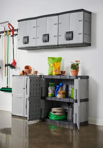 Vista 15 de Rubbermaid Freestanding Storage Cabinet with Doors 18"D x 36"W x 37"H Medium Gray/Black Two-Shelf Lockable Cabinet for Indoor/Outdoor/Garage Storage