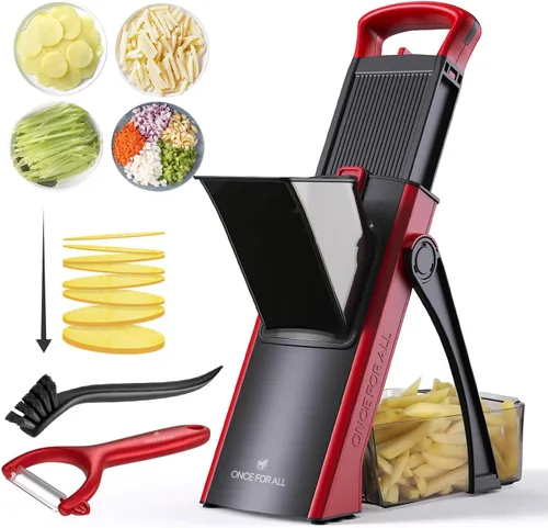 Vista 13 de ONCE FOR ALL Safe Mandoline Slicer Pro, Gen 4th, Cortador de verduras de grosor ajustable para cocina, picadora de alimentos con recipiente, tapa
