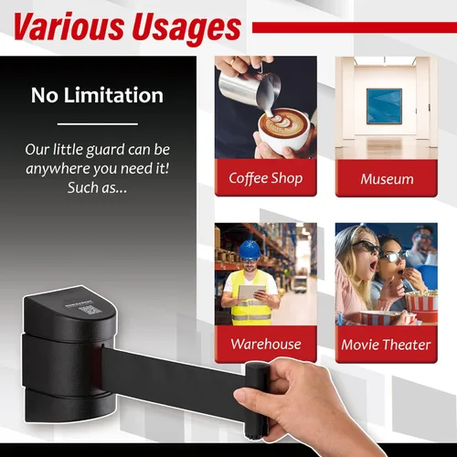 Vista 4 de DuraSteel Barrera retráctil para cinturón de montaje en pared, cinturón de seguridad negro de 6.5 pies en carcasa negra, Guardian 2.0