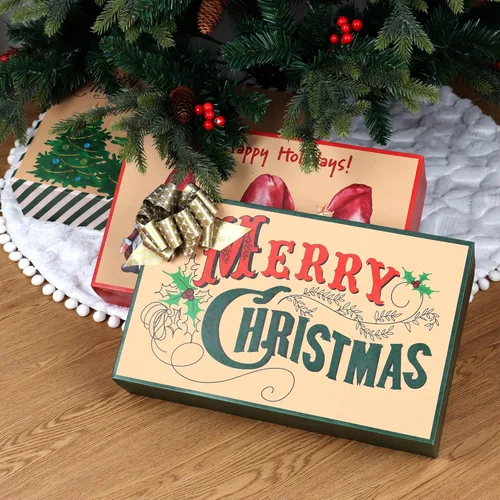 Vista 5 de POPGIFTU Paquete de 18 cajas de Navidad de papel kraft con tapas, 4 tamaños y 18 diseños festivos, cajas de Navidad a granel para regalos