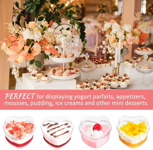 Vista 4 de Paquete de 50 tazas de postre en forma de corazón de 5 onzas con tapas y cucharas, mini tazas de postre para servir en fiestas, parfait, queso