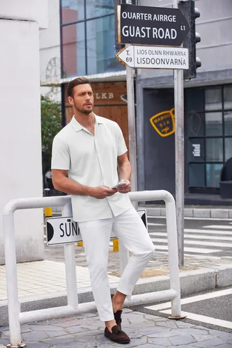 Vista 103 de COOFANDY Camisa casual con botones para hombre, manga corta, sin arrugas, camisa de verano