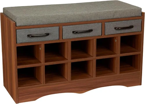 Vista 9 de Household Essentials Banco de zapatos de entrada con 10 cubículos, acabado de madera de fresno