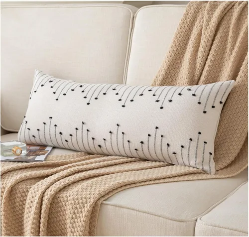 Vista 11 de Caflife Fundas de almohada boho de 18 x 18 pulgadas, juego de 2 almohadas decorativas para cama, fundas de almohada beige con línea negra para sofá