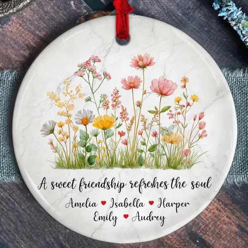 Personalized Best Friend Ceramic Ornament with Names – Floral Design and “A Sweet Friendship Refreshes The Soul” Quote – Custom Pastel Keepsake for