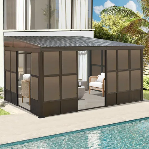 Vista 23 de Domi - Cenador de 12 x 14 pies con techo rígido de acero galvanizado inclinado, pérgola de pared con marco de aluminio, cortinas y red, para patio