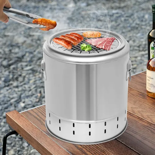 Vista 8 de Parrilla vertical portátil para ahumar carbón, parrilla de barril, 13.39 x 14.17 pulgadas, de acero inoxidable, envolvente, carbón Kebab, parrillas