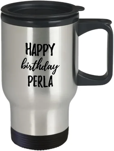 Vista 2 de Happy Birthday Perla Travel Mug Funny Gift Idea For Anniversary Custom Name Coffee Tea Commuter Insulated Lid 14 Oz
