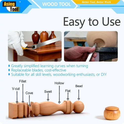 Vista 5 de AT03 Herramientas de torneado de madera con punta de carburo, juego de torno más áspero detallador de cuello de cisne con mango de madera maciza e