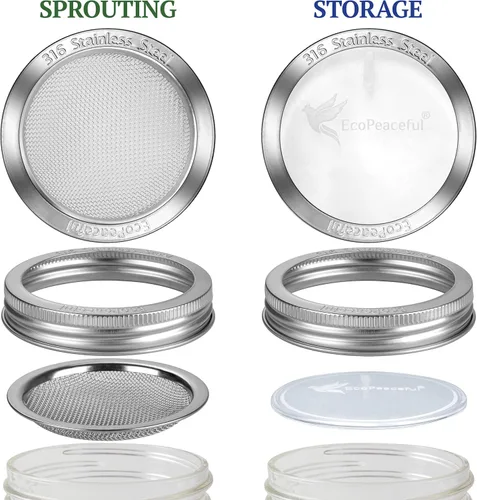 Vista 2 de Tapas para tarros de masón para germinar - Tapas de germinación de acero quirúrgico 316 para tarros de masón de boca regular - Libres de BPA, a