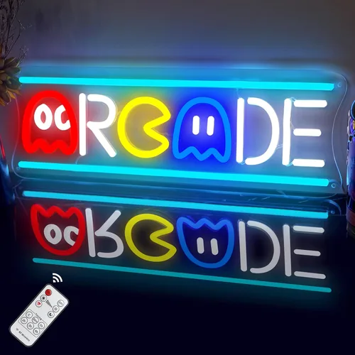 Letrero de neón de arcade, retro fantasma, juego de arcade, letrero de luz de neón LED, regulable, lámpara nocturna 3D hecha a mano para