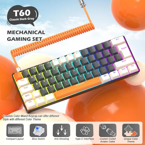 Vista 2 de ZIYOU LANG RK-T60 Wired Mechanical Gaming Keyboard Mini Portable with Rainbow Backlit 62Key ABS Keycaps Full Anti-Ghosting Ergonomic Design Coiled
