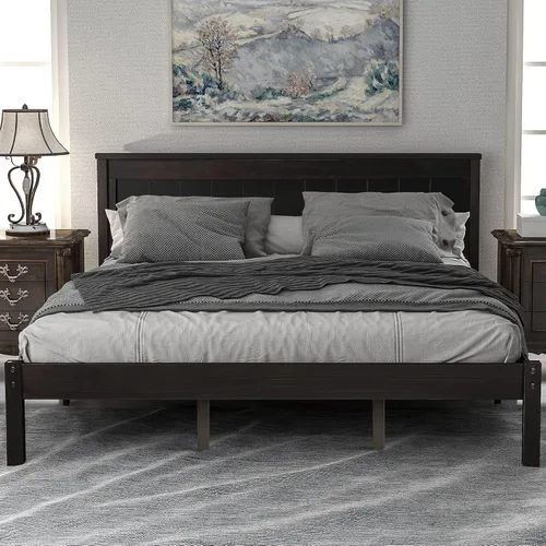 Vista 3 de Elegante cama de plataforma de tamaño Queen con cabecero, plataforma de madera maciza con soporte de listones de madera para dormitorio