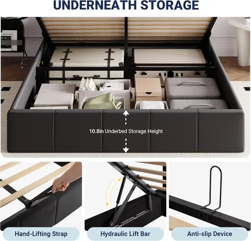 Vista 3 de Allewie Marco de cama de almacenamiento elevable de terciopelo de tamaño completo, cabecera capitonada de canal vertical, almacenamiento hidráulico