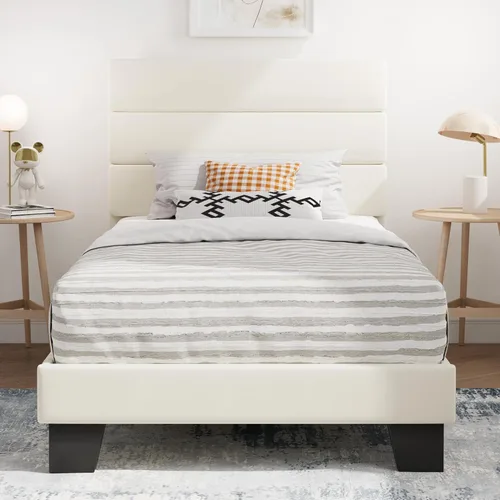 Vista 10 de SHA CERLIN Base de cama de plataforma completa con cabecera de tela tapizada, base de colchón con fuerte soporte de listones de madera, no necesita