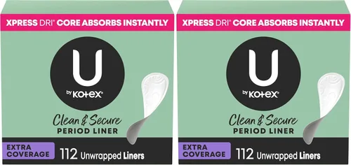 U by Kotex Clean & Secure Panty Liners, absorción ligera, cobertura adicional, 112 unidades (el embalaje puede variar) (paquete de 2)