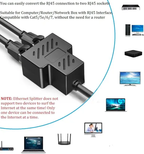 Vista 8 de Paquete de 2 adaptadores de red Ethernet RJ45 de 1 macho a 2 hembras, adecuado para conectores Super Cat5, Cat5e, Cat6, Cat7, LAN Ethernet