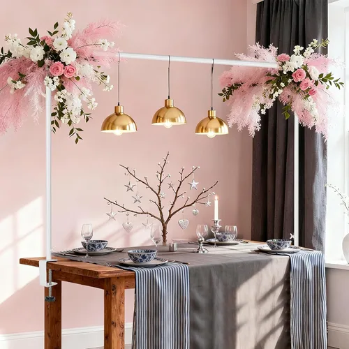 Vista 10 de Soporte de Barra Sobre la Mesa con Abrazaderas Ajustable 47"-98" de Longitud 30"-43" de Altura Soporte de Arco de Mesa Dorado Colgante