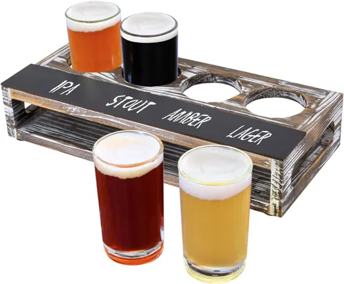 Vista 7 de MyGift Juego de regalo navideño de vidrio de cerveza de madera maciza con 4 vasos de cerveza de degustación y bandeja para servir con etiqueta