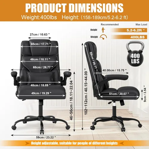 Vista 2 de Silla de oficina ejecutiva con reposabrazos abatibles, sillas ergonómicas de escritorio para computadora, silla de oficina de cuero con respaldo