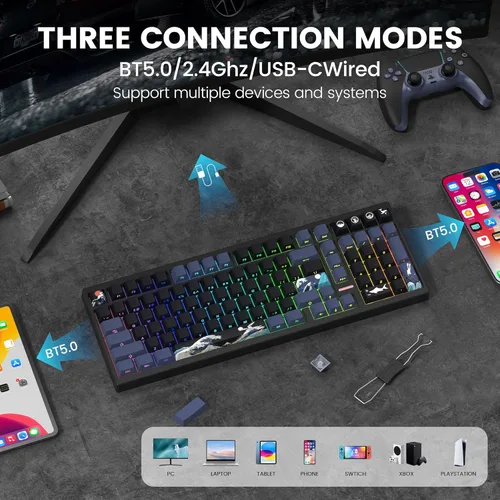 Vista 3 de Teclado inalámbrico para juegos QMKVIA, teclado mecánico, Bluetooth 5.02.4GHzUSB-C teclado programable con cable