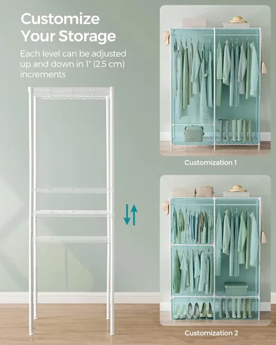 Vista 5 de SONGMICS Perchero de ropa, armario independiente, percheros de metal, perchero resistente con estantes ajustables, varillas para colgar, dividible