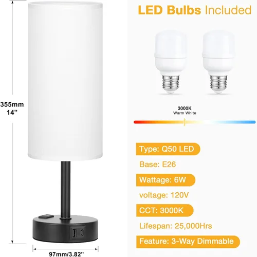 Vista 4 de Juego de 2 lámparas de mesa táctiles para dormitorio en blanco, lámparas de noche regulables de 3 niveles con puertos USB C y A, lámparas de mesita