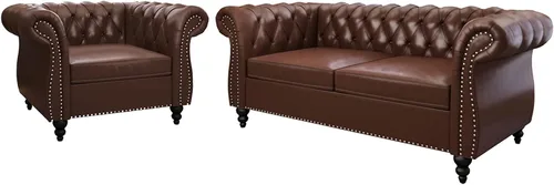 Vista 12 de QHITTY - Juego de 3 piezas para sala de estar, sofá seccional Chesterfield con silla contemporánea tapizada en cuero, sofás biplaza para sala