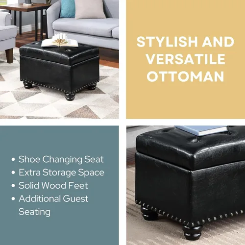 Vista 4 de Convenience Concepts Designs4Comfort Otomano de almacenamiento, Cuero, Negro