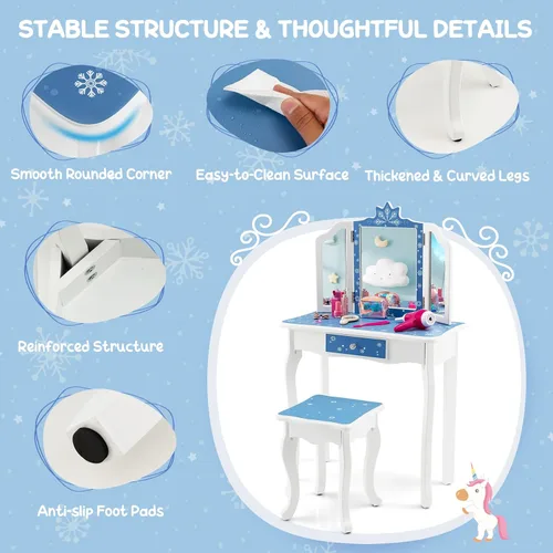 Vista 6 de GLACER Vanity - Tocador de maquillaje 2 en 1 con parte superior desmontable, espejo de tres pliegues, cajón, taburete, juego de mesa y silla