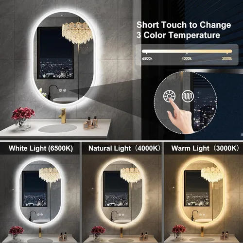 Vista 2 de S'bagno 20x32 Inch Oval LED Mirror for Bathroom with Front and Backlight, Anti-Fog, 3 Colors Temperature & Dimmable, Bathroom Mirror with Lights