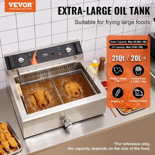 Vista 2 de VEVOR Freidora comercial, freidora eléctrica de pavo de 3000 W con canasta, gran capacidad de 30.6 cuartos de galón / 29 L, freidora de aceite