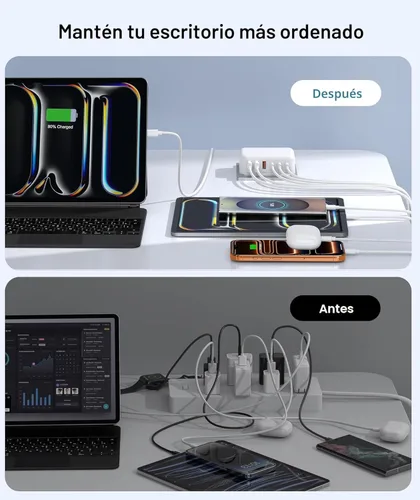 Vista 7 de GaN - Bloque de cargador rápido, 6 puertos USB C, estación de carga, cubo, 100 W, multipuerto tipo C, cargador de pared, enchufe con PD 3.0+QC