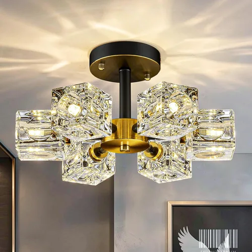Vista 10 de Lámpara de techo de cristal Sputnik dorada, lámpara de montaje Dorado-4 luces