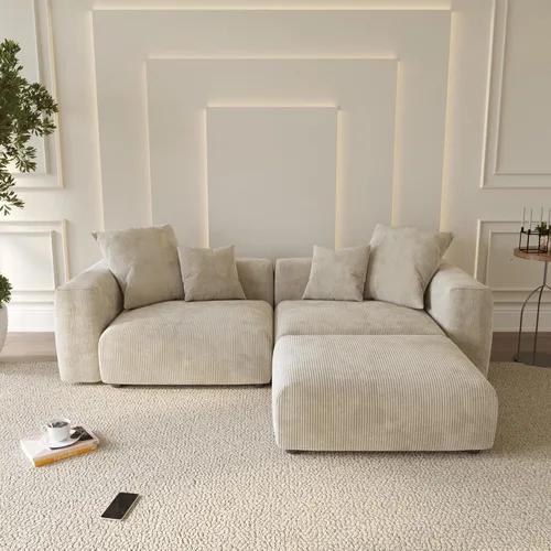 WJShome Cloud Couch Sofá Seccional Modular, Sofá en Forma de L de 102 pulgadas con Otomana, Sofá de Pana Beige de 3 Asientos, Sofá Seccional