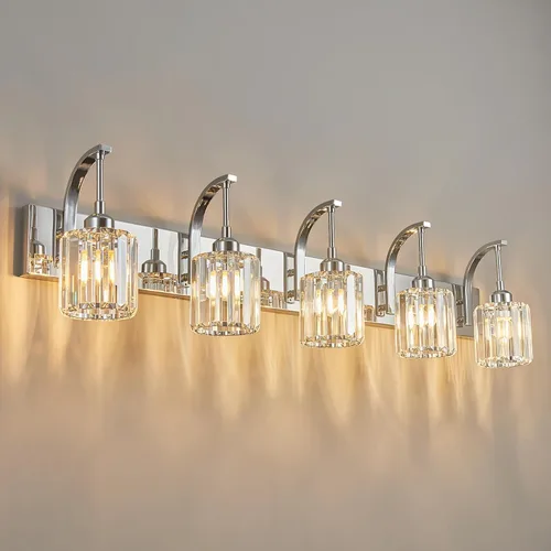 Vista 36 de Lámpara de tocador de cristal de 4 luces, aplique de pared de baño cromado moderno con pantallas de cristal K9, 32.67" de largo, iluminación sobre