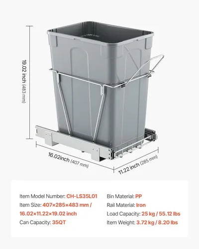 Vista 7 de VEVOR Bote de basura extraíble para armarios de cocina, contenedor de reciclaje de residuos de basura de 35 cuartos de galón, contenedor de residuos