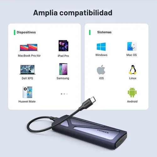 Vista 6 de UGREEN Carcasa SSD, Externa USB C Sin Herramientas, Adaptador/Lector M.2 NVMe a USB de 10Gbps Soporta Claves M y B&M y Tamaño 2230/2242/2260/2280