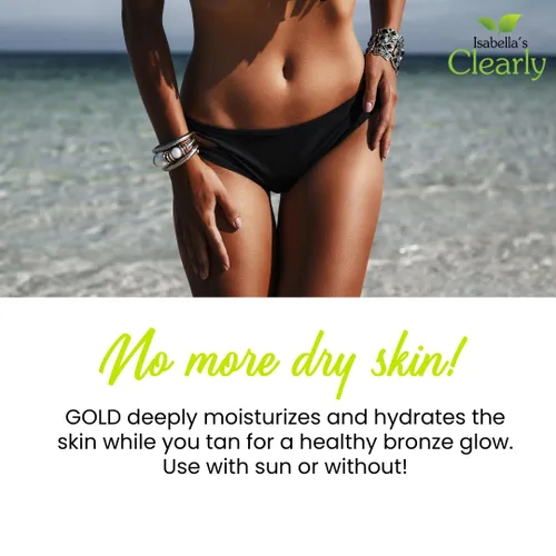 Vista 4 de Isabella's Clearly GOLD, Aceite de bronceado 100% natural con bronceador Aceite corporal hidratante para un brillo de bronce saludable con oliva