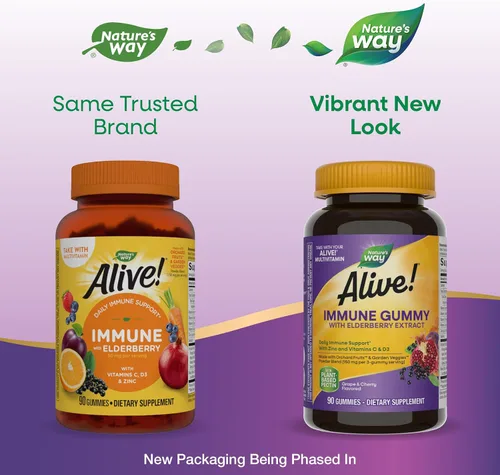 Vista 2 de Nature's Way ¡Alive! Gomitas de apoyo inmunológico* con extracto de saúco, vitaminas C y D3, zinc, sin gluten, sabor a uva y cereza, 90 gomitas