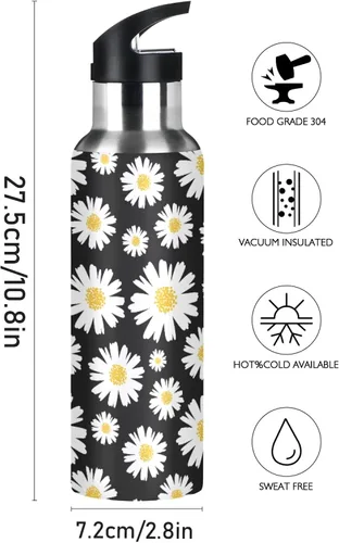 Vista 2 de xigua Daisy - Botella de agua con tapa de popote de 22 onzas, botellas de agua de acero inoxidable aisladas al vacío, botella de agua a prueba