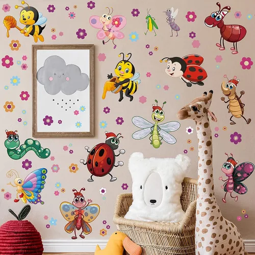 Vista 2 de Calcomanía de pared de insectos de dibujos animados, extraíble, flor de abeja, mariposa, hormiga, serpiente, mariquita, libélula, mantis rezando
